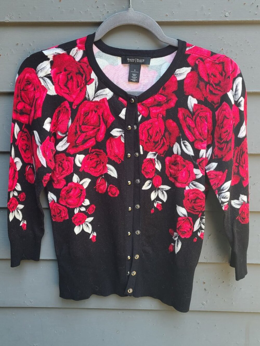 White House Black Market Black Cardigan with Red Roses size Small